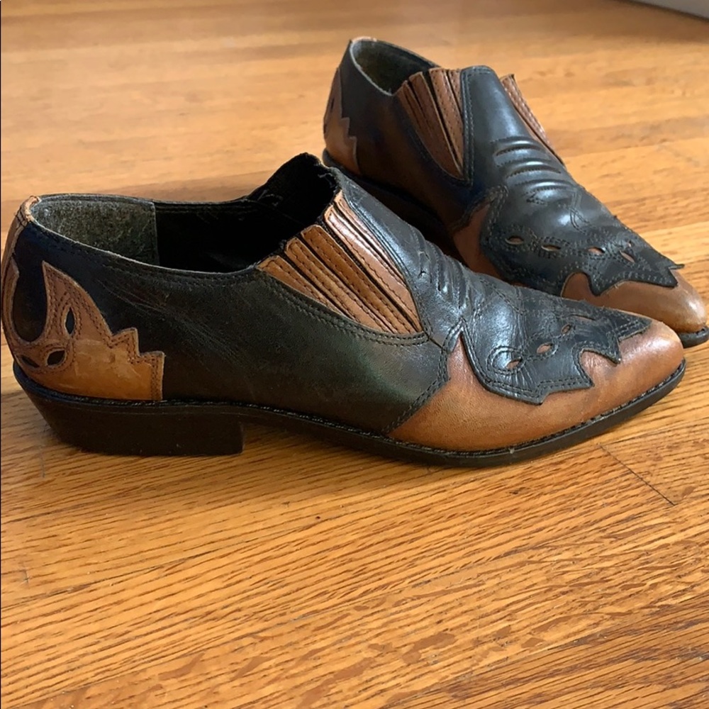 Vintage brown and black leather cowboy booties